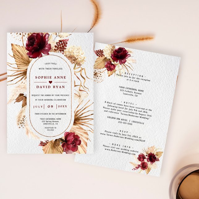 Convites Burgundy Floral Pampas Grass Em Um Casamento (Burgundy pampas grass wedding invite, trendy terracotta floral wedding, modern floral dried leaves)