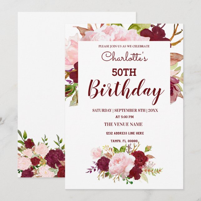 Convites Burgundy Floral Personalizado (Frente/Verso)