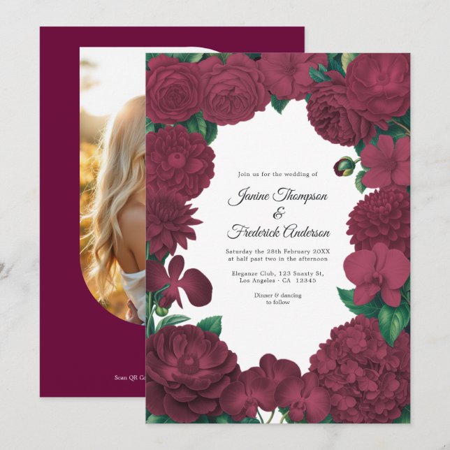 Convites Burgundy Floral Photo and QR Code Wedding (Frente/Verso)