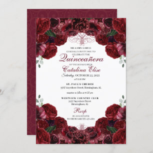 Convites Burgundy Floral Quinceanera Aniversário
