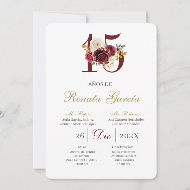 Convites Burgundy floral quinceañera invitation (Frente)