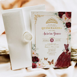 Convites Burgundy Floral Quinceañera Princess Mis Quince