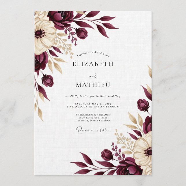 Convites Burgundy Floral Romantic Wedding (Frente)