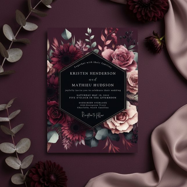 Convites Burgundy Floral Romantic Wedding (Criador carregado)