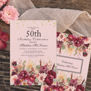 Convites Burgundy Floral Rosa Brilho Dourado Aniversário de