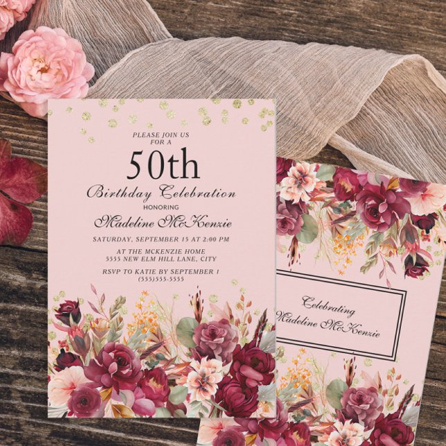 Convites Burgundy Floral Rosa Brilho Dourado Aniversário de (Criador carregado)