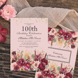 Convites Burgundy Floral Rosa Brilho Dourado Aniversário de