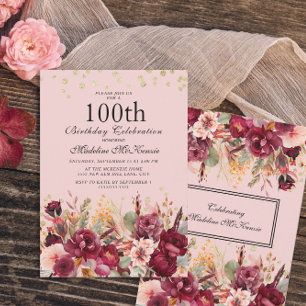 Convites Burgundy Floral Rosa Brilho Dourado Aniversário de
