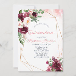 Convites Burgundy Floral Rosa Dourada Quinceañera Aniversár