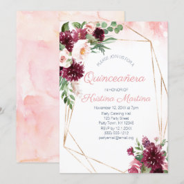 Convites Burgundy Floral Rosa Dourada Quinceañera Aniversár