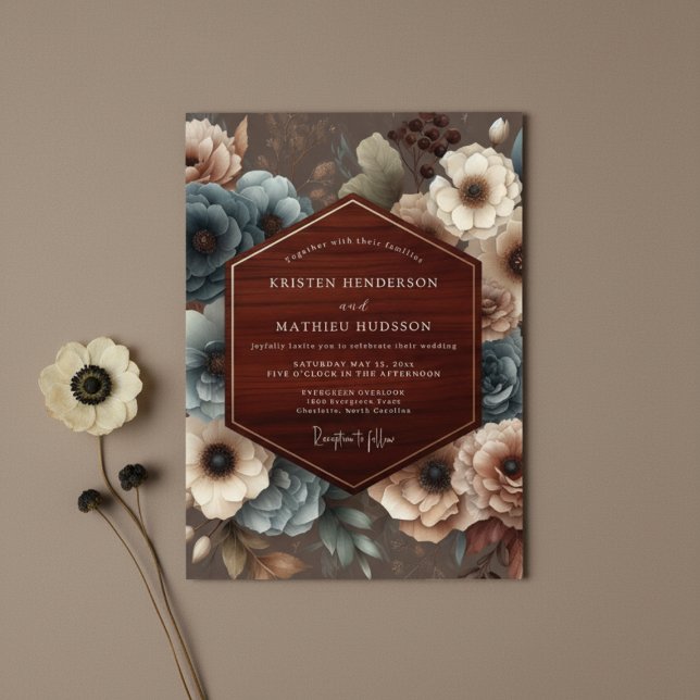 Convites Burgundy Floral Rustic Romance Wedding (Criador carregado)