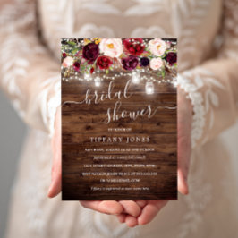 Convites Burgundy Floral Rustic Wood Chá de panela Invite