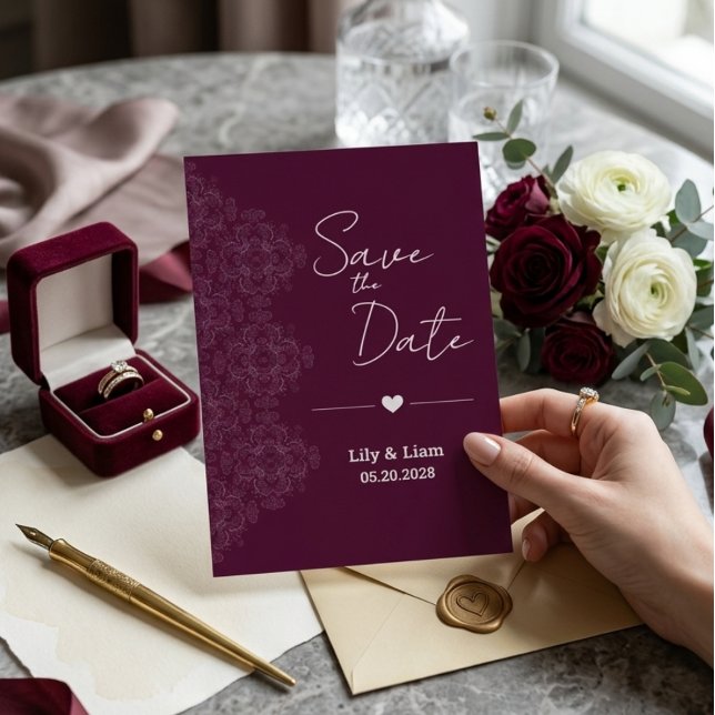 Convites Burgundy Floral Save the Date Wedding Invitation (Criador carregado)