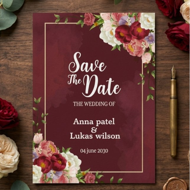 Convites  Burgundy Floral Save the Date Wedding Invitation (Criador carregado)