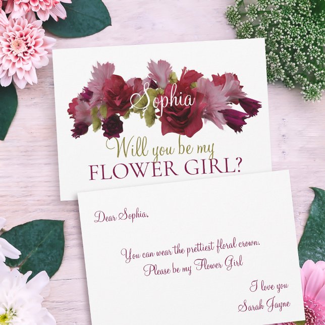 Convites Burgundy Floral Seja Minha Menina das Flores Dama  (Will you be my Flower Girl card with space for your Flower Girl proposal message)