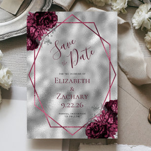 Convites Burgundy Floral Silver Polygonal Salve a Data