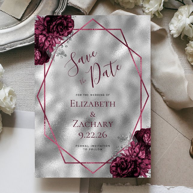 Convites Burgundy Floral Silver Polygonal Salve a Data (Criador carregado)