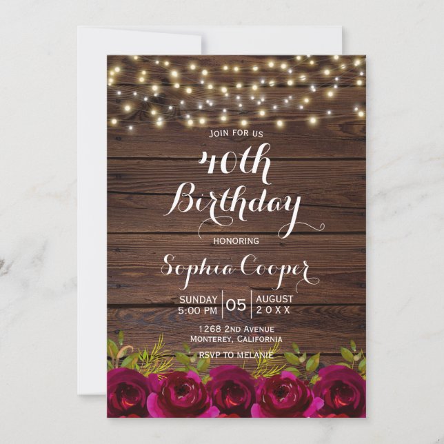 Convites Burgundy Floral String Lights Wood aniversário de  (Frente)