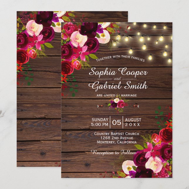 Convites Burgundy Floral | String Lights Wood Weding (Frente/Verso)