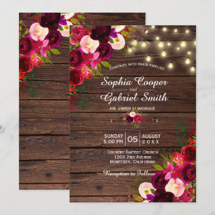 Convites Burgundy Floral   String Lights Wood Weding