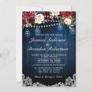 Convites Burgundy Floral String Luzes Mason Jar Weding