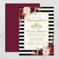 Burgundy Floral Stripes Quinceanera Dourada Coroa