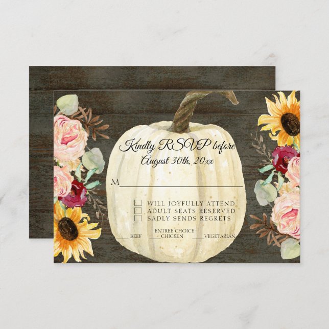 Convites Burgundy Floral Sunflower n Pumpkin Dark Wood RSVP (Frente/Verso)