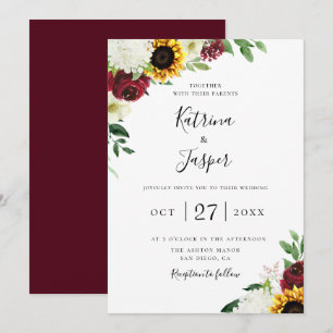 Convites Burgundy Floral Sunflower Wedding