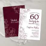 Convites Burgundy Floral Surpresa 60ª Festa de aniversário<br><div class="desc">Surpresa floral branca e brilhante 60º convite de aniversário. Design de marrom marrom moderno elegante,  com sotaque botânico e letra tipográfica. Simples cartão de convite floral perfeito para uma festa surpresa na moda. Pode ser personalizado para qualquer idade. Impressos convites Zazzle ou modelo de impressão digital instantânea para download.</div>