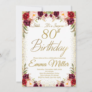 Convites Burgundy Floral Surpresa 80 Aniversário