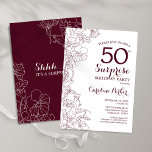 Convites Burgundy Floral Surprise 50th Festa de aniversário<br><div class="desc">Surpresa floral branca e brilhante 50º convite de aniversário. Design de marrom marrom moderno elegante,  com sotaque botânico e letra tipográfica. Simples cartão de convite floral perfeito para uma festa surpresa na moda. Pode ser personalizado para qualquer idade. Impressos convites Zazzle ou modelo de impressão digital instantânea para download.</div>