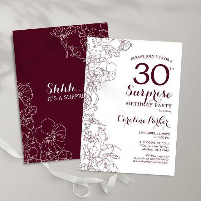 Convites Burgundy Floral Surprise aniversário de 30 anos (Criador carregado)