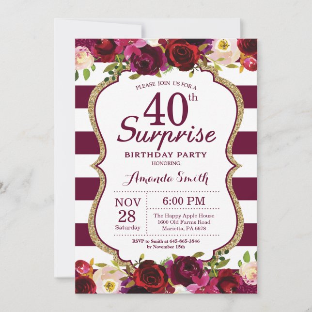 Convites Burgundy Floral Surprise aniversário de 40 anos (Frente)