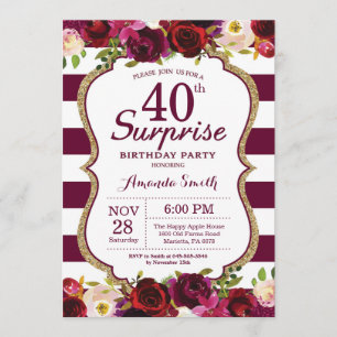 Convites Burgundy Floral Surprise aniversário de 40 anos
