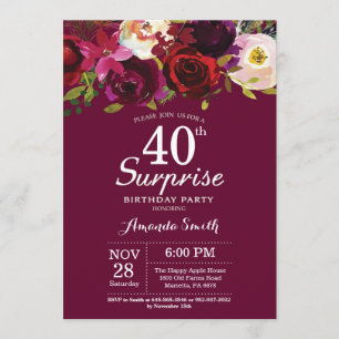 Convites Burgundy Floral Surprise aniversário de 40 anos