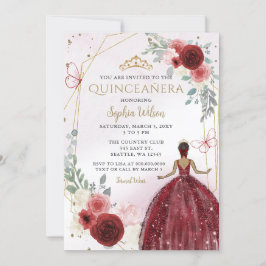 Convites Burgundy Floral Tan Princess Quinceañera