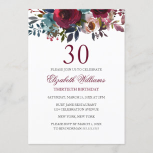 Convites Burgundy Floral Watercolor aniversário de 30 anos 