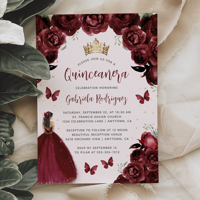Convites Burgundy Floral Watercolor Princesa Quinceañera (Criador carregado)