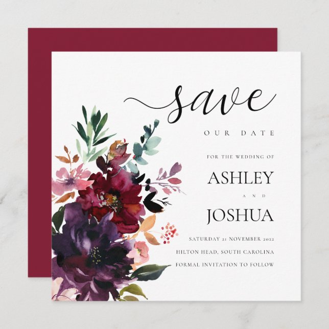 Convites Burgundy Floral Watercolor Salvar Data (Frente/Verso)