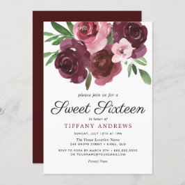 Convites Burgundy Floral Watercolor Sweet 16 Invite
