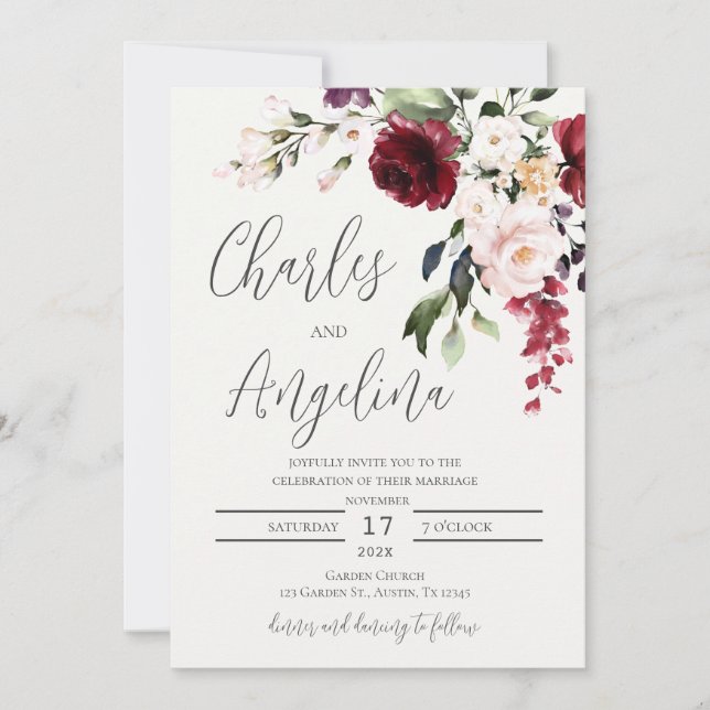 Convites Burgundy Floral Wedding (Frente)