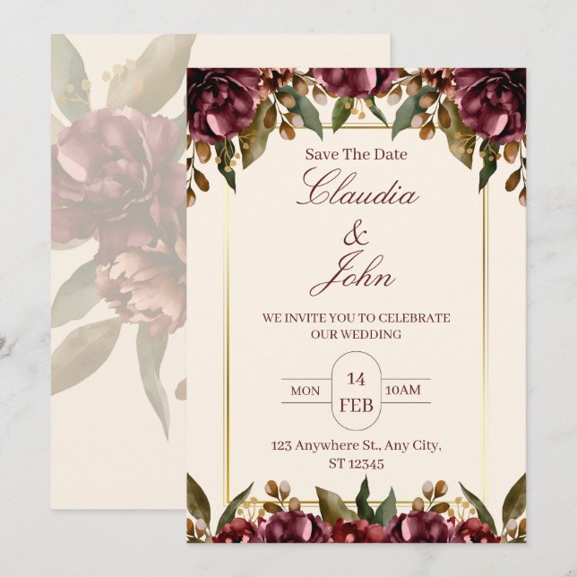 Convites Burgundy Floral Wedding Invitation (Frente/Verso)