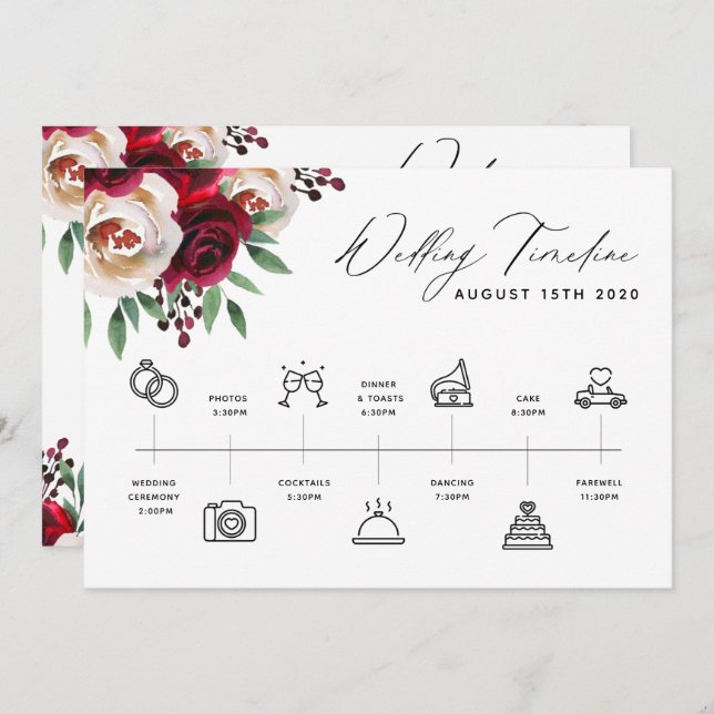 Convites Burgundy Floral Wedding Timeline Program & Welcome (Frente/Verso)