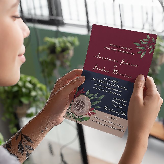Convites Burgundy Floral Wedes All in One (Criador carregado)