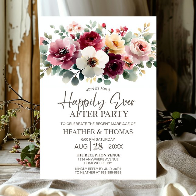 Convites Burgundy Floral Weding After Party (Criador carregado)