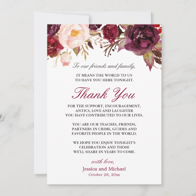Convites Burgundy Floral Weding Setting Obrigado (Frente)