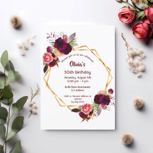 Convites Burgundy florals gold geométrico de 50 anos