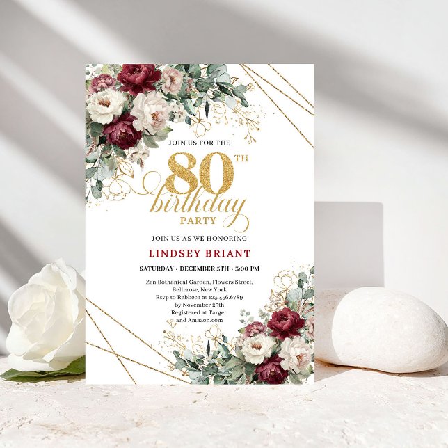 Convites Burgundy Flores Verdes Dourado 80 Aniversário (Burgundy Maroon Flowers Greenery Gold 80th Birthday)