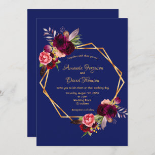 Convites Burgundy floresce casamento geométrico azul