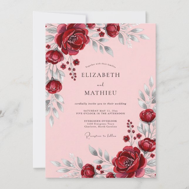 Convites Burgundy Flourishing Romantic Wedding (Frente)